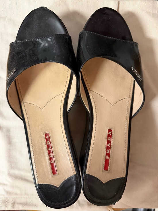 Prada Shoes - Prada Black Patent Open-Toe Slide Mules